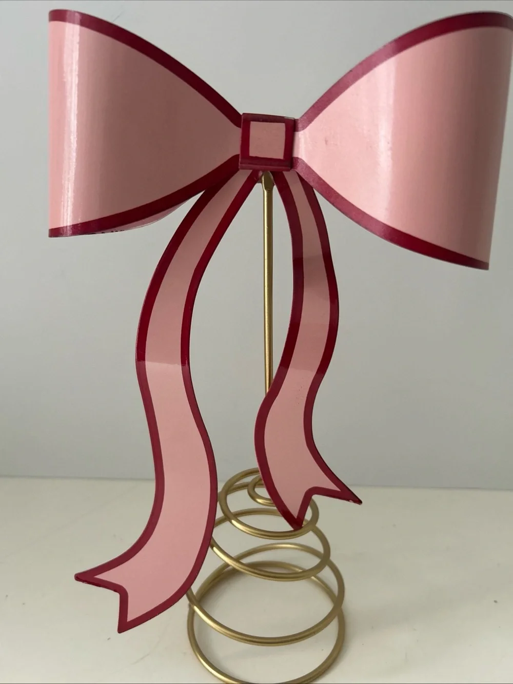 Pink Ribbon Bow Christmas Valentine’s Day Tree Topper Decor with Gold Base